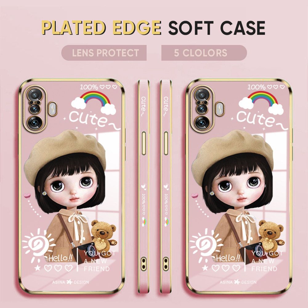 Luxury 6D Plating Case for Xiaomi Poco M3 Pro 5G Phone Cases Satchel Girl Side Print Soft Silicone Square Back Cover