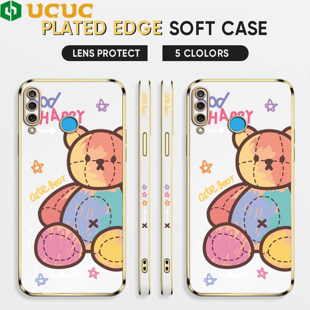 UCUC for Huawei P30 Lite / Nova 4E Back Cover + Free Lanyard Colorful Muppet Bear Luxury 6D Plating Case Side Pattern Soft Silicone Square Phone Cases
