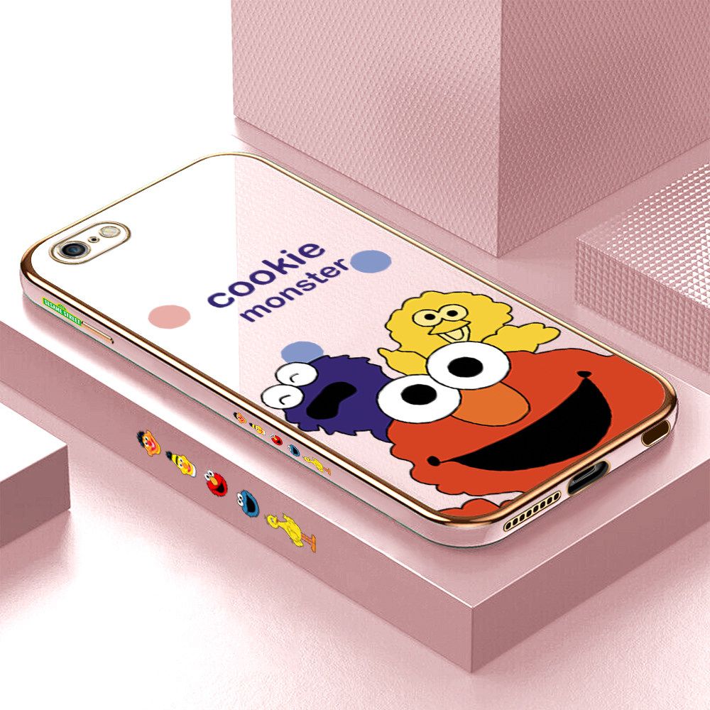 Luxury 6D Plating Case for iPhone 6 Plus Color Cute Cartoon Sesame Monsters Side Pattern Back Cover Soft Silicone Square Frame Shiny Bling Phone Cases + Free Lanyard