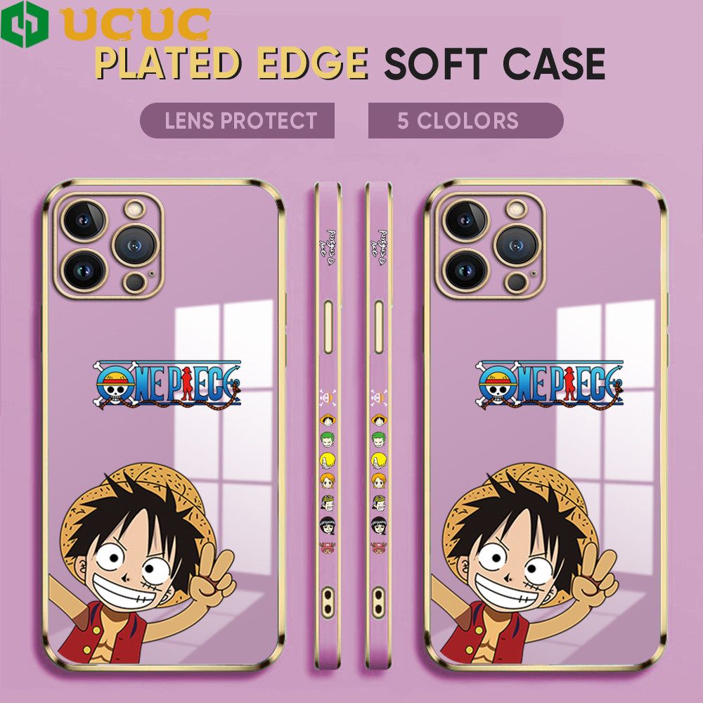 UCUC for iPhone 12 Pro Back Cover + Free Lanyard Wave Luffy Luxury 6D Plating Case Side Pattern Soft Silicone Square Phone Cases