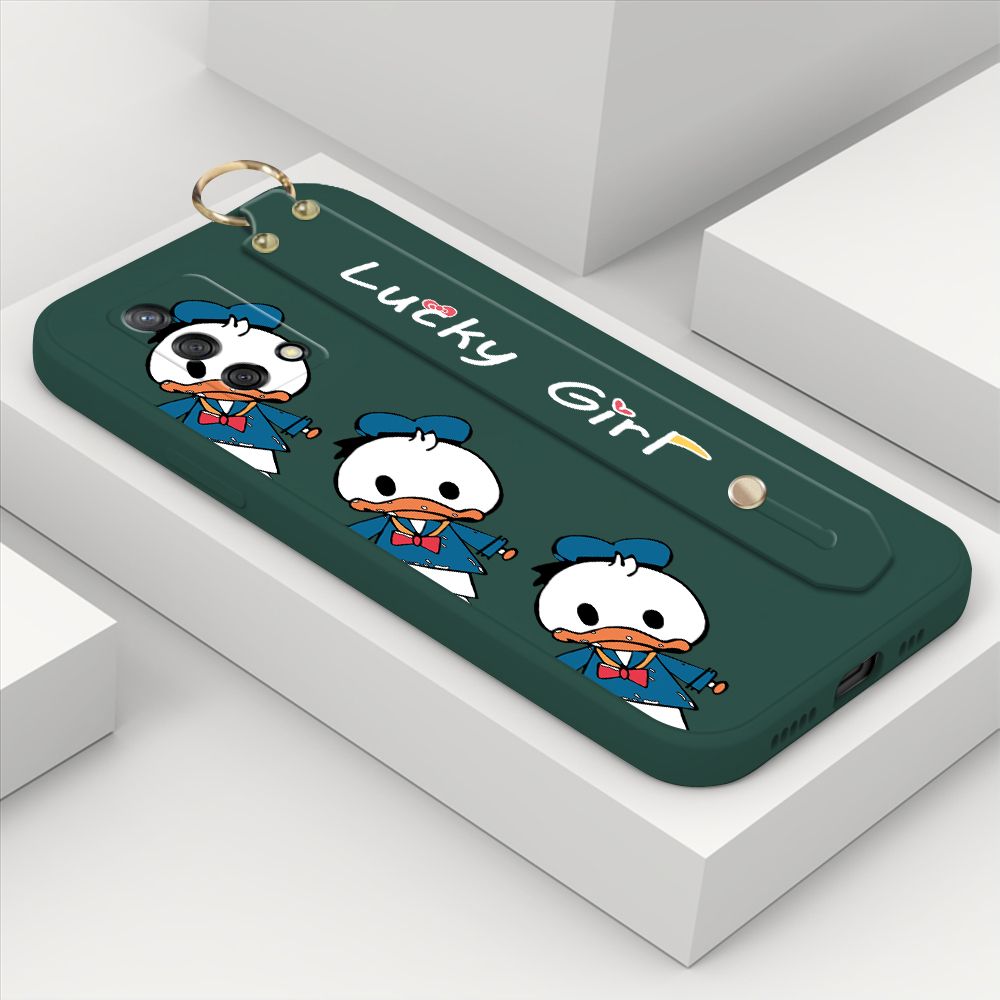 ZeroQiQi for OPPO A74 Wrist Strap Case Cute Cartoon Little Duck Phone Case Square Edge Liquid Silicone Case Full Cover Camera Shockproof Protective Cases