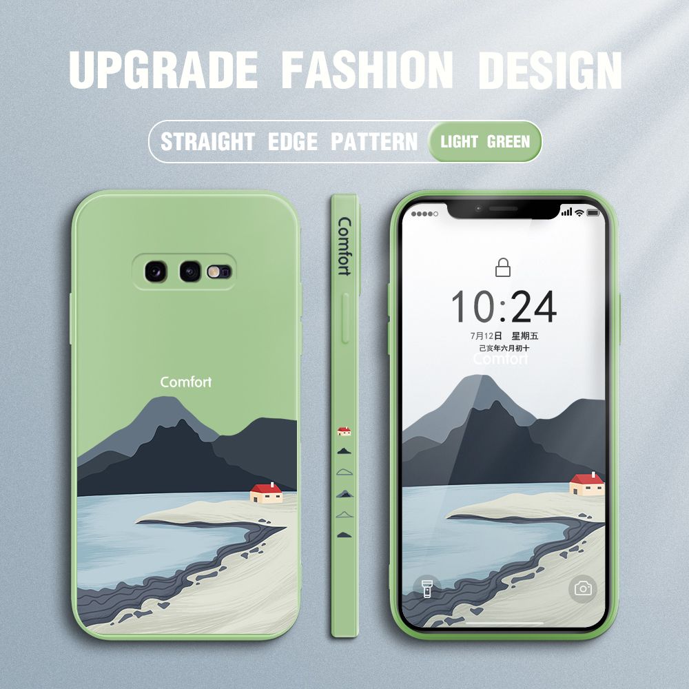Jizetin for Samsung Galaxy S10e Case Mount Fuji Design Side Design Phone Case Square Edge Pattern Liquid Silicone Cases Full Cover Camera Shockproof Protective Case