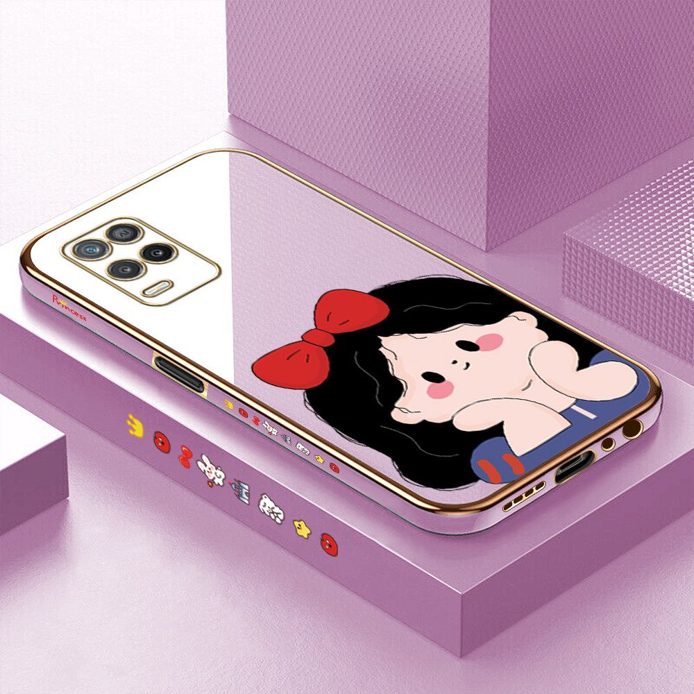Luxury 6D Plating Soft Casing Silicone Square Frame Phone Case For Realme 8 5G Case Shiny Bling Back Cover Cartoon Cute Bow Girl Square Edge Pattern Design Soft Case + Free Lanyard