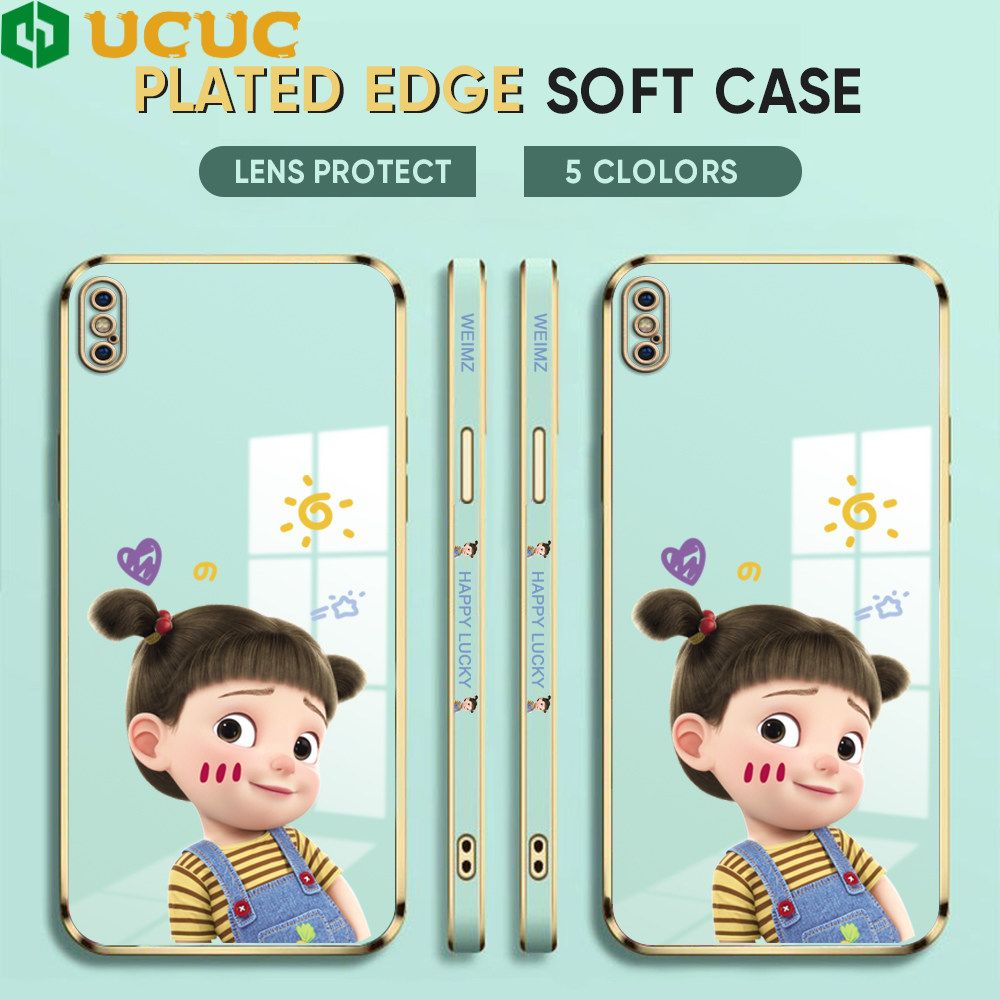 UCUC for iPhone XS MAX Back Cover + Free Lanyard Lovely Girl Luxury 6D Plating Case Side Pattern Soft Silicone Square Phone Cases