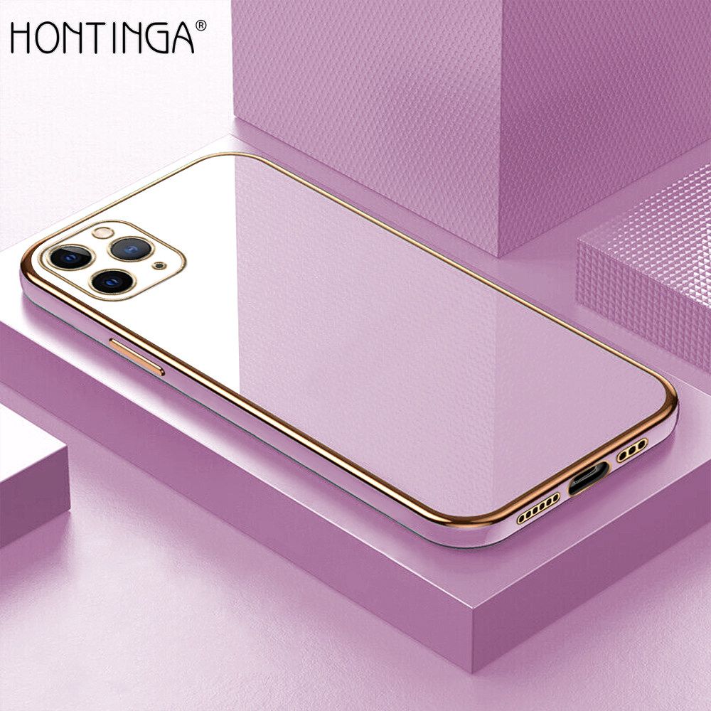 Hontinga for iPhone 11 Pro Back Cover + Free Lanyard Luxury 6D Plating Frame Shiny Bling Case Soft Silicone Square Mobile Cover