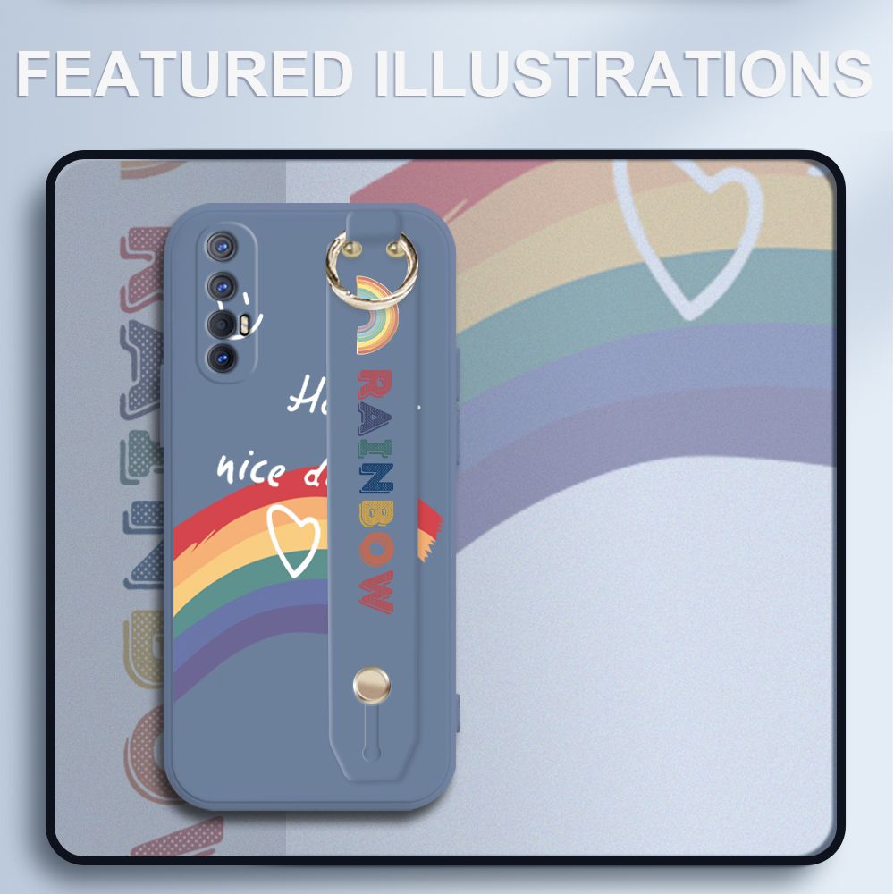 UCUC for OPPO Reno3 Pro 5G Wrist Strap Case INS Style Smile Rainbow Cover Ultra Thin Anti Fall Liquid Silicone Phone Case