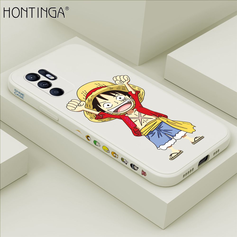 Hontinga for OPPO Reno6 Case Side Design Anime Cartoon Luffy Back Cover Soft Square Edge Pattern Liquid Silicone Trend Phone Cases