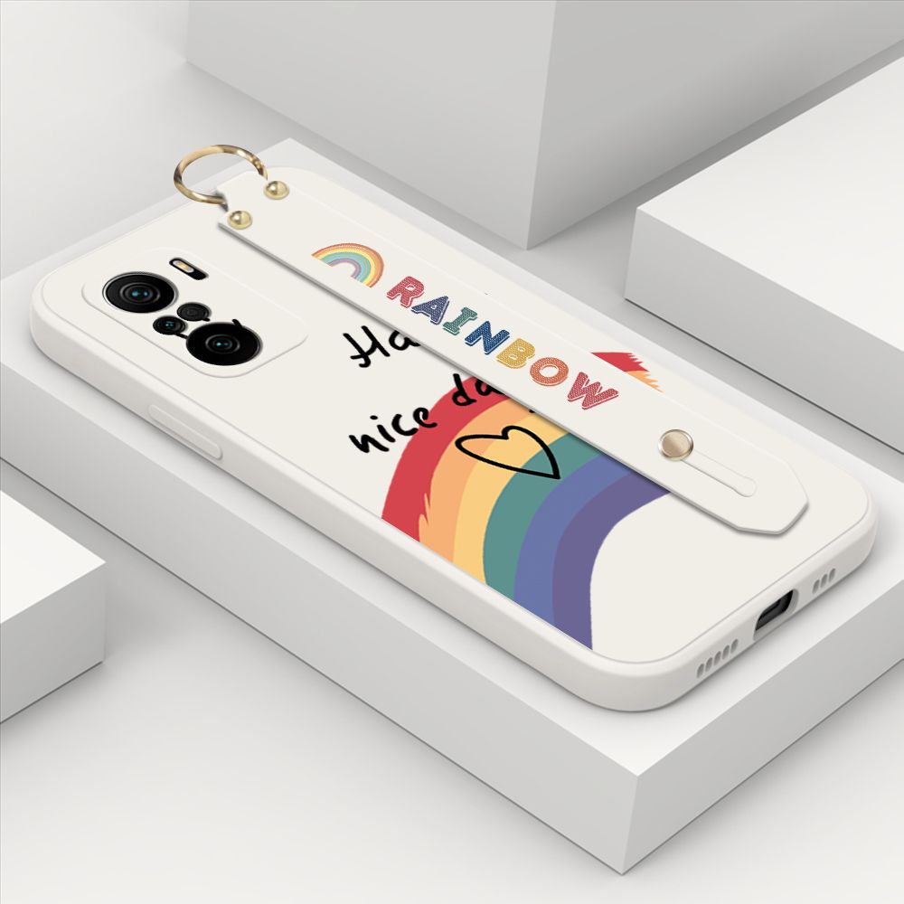 ZeroQiQi for Xiaomi Poco F3 Wrist Strap Case Lovely Graffiti Rainbow Smile Thin Phone Cover Square Edge Liquid Silicone Creativity Phone Case