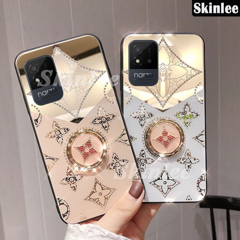 For Realme Narzo 50i Phone Case Navigation Magnetic Ring Holder Phone Cover for Realme Narzo 50i Back Cover Mirror Luxury Clover with Lanyard