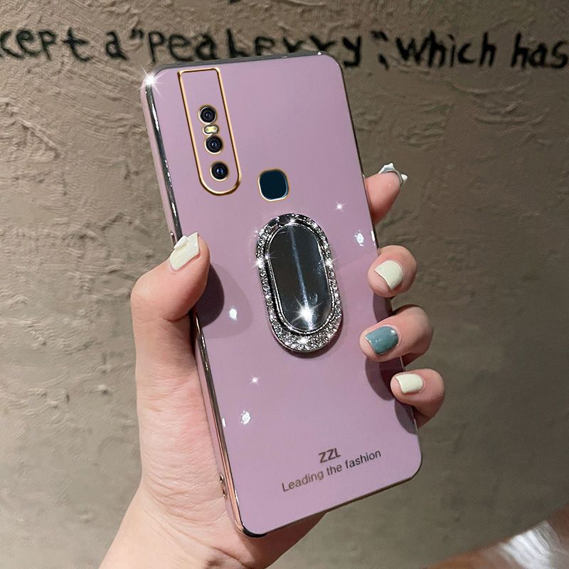 For Vivo V15 Back Cover + Rhinestone Ring Holder Stand Shiny Plating Square Bumper Girls Phone Case Soft TPU Silicone Shockproof Protective Cover