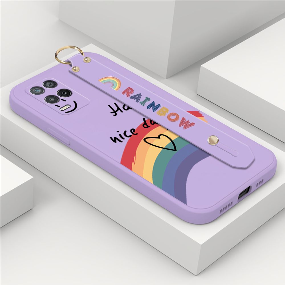 ZeroQiQi for Realme 8 5G Wrist Strap Case Lovely Graffiti Rainbow Smile Thin Phone Cover Square Edge Liquid Silicone Creativity Phone Case
