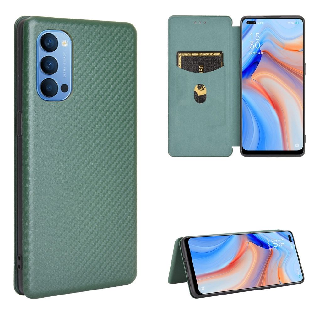(Ready Stock)For OPPO Reno4 4G Carbon Fiber Texture Magnetic Horizontal Flip TPU + PC + PU Leather Case with Card Slot(Green)