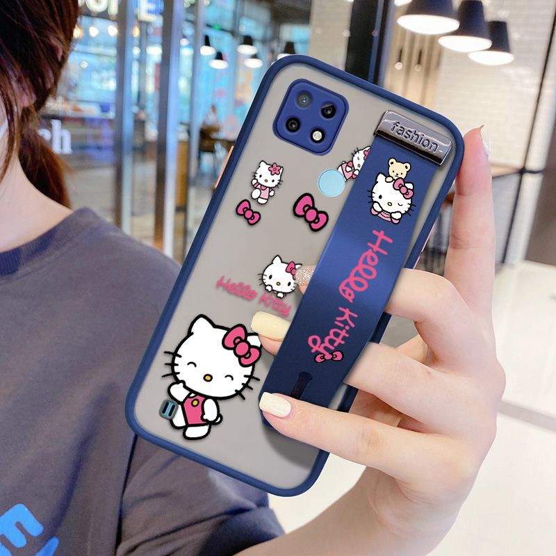 UCUC for Realme C21 Wrist Strap Case Lovely KT Cat Wristband Printing Cover Shockproof Ultra Thin Phone Case