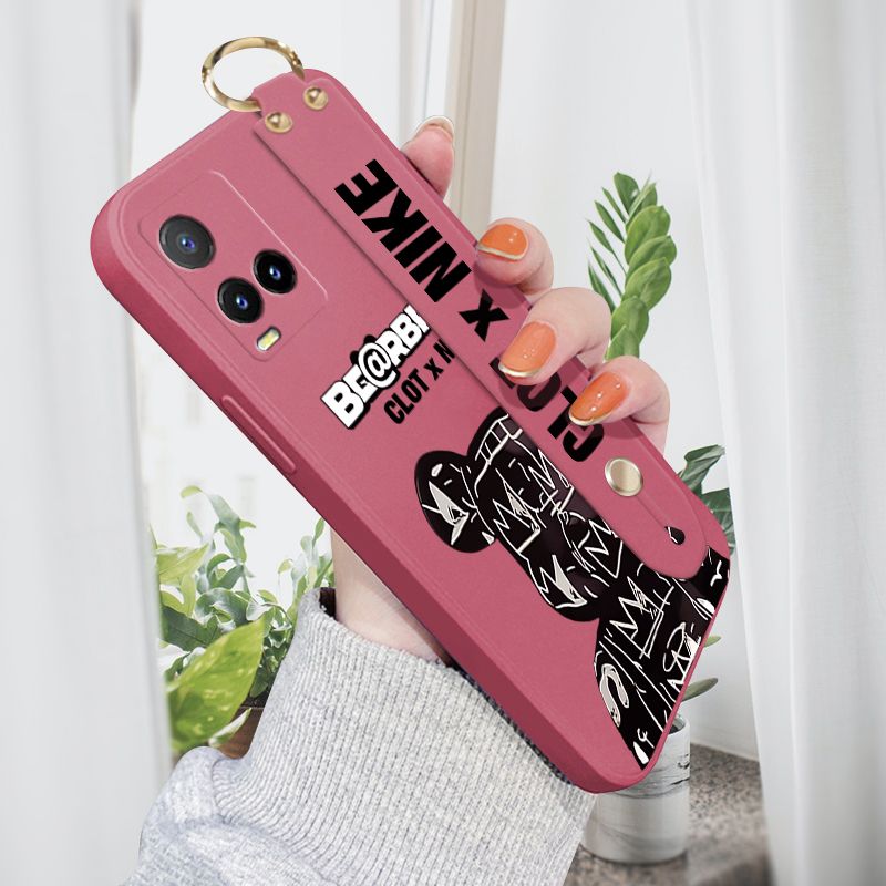 ZeroQiQi for Vivo Y21S Wrist Strap Case Fashion Black Brand Bear Phone Case Square Edge Liquid Silicone Cases Full Cover Camera Shockproof Protection Cases