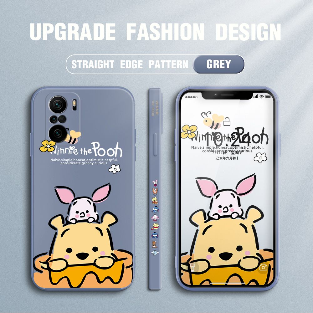 Jizetin for Xiaomi Poco F3 / Redmi K40 / K40 Pro Case Side Design Phone Cover Lovely Cartoon Pooh Bear Cover Square Edge Pattern Liquid Silicone Trend Case