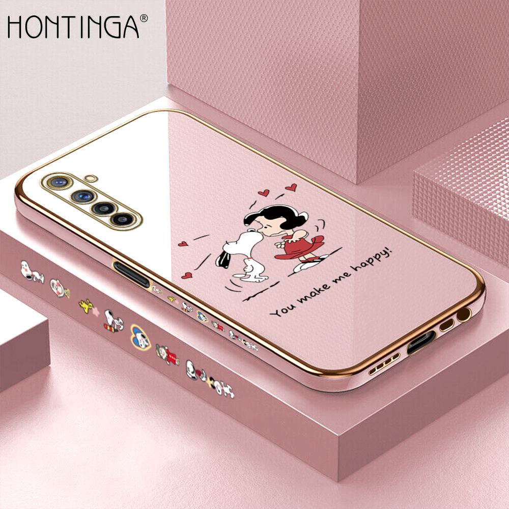 Hontinga for Realme 6 / Narzo Back Cover + Free Lanyard Luxury 6D Plating Happy Puppy and Girl Side Pattern Case Soft Silicone Square Mobile Cover