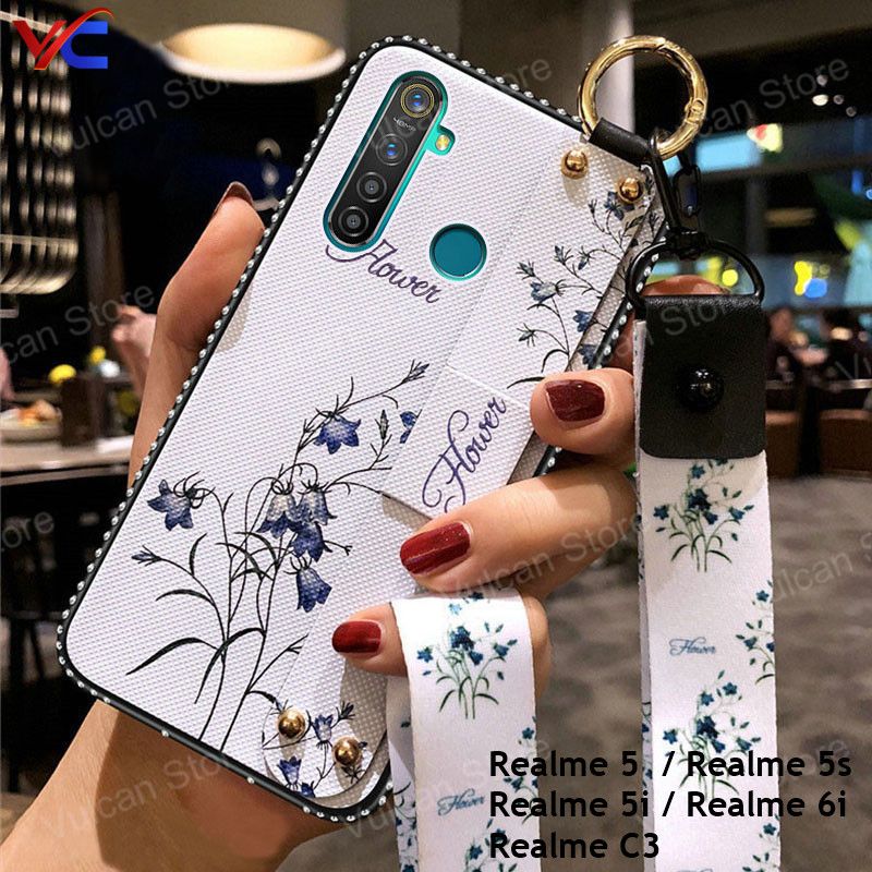 For Realme 5 / Realme 5s / Realme 5i / Realme 6i / Realme C3 Case Broken Flower Silicon Soft Wristband Phone Cover + Lanyard