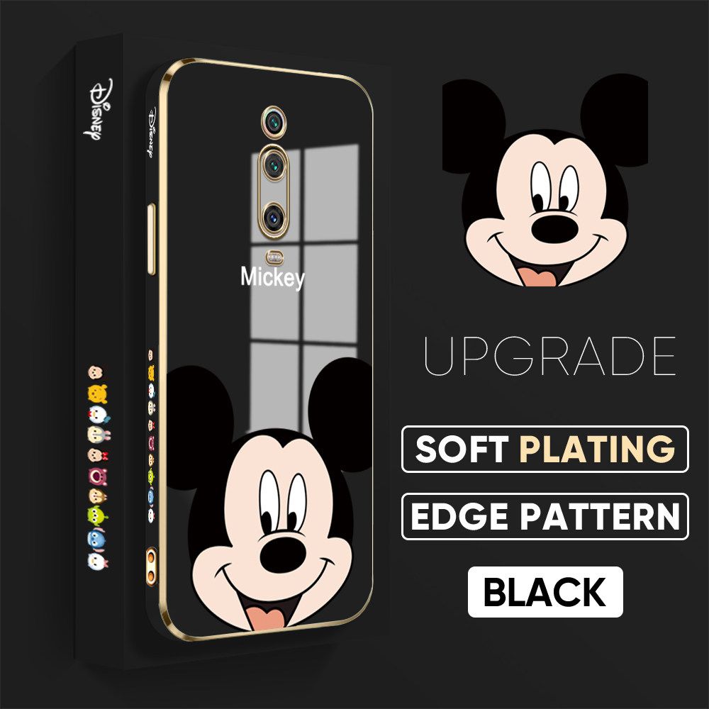 Jizetin (Free Lanyard) Redmi K20 Luxury 6D Plating Soft Casing Silicone Square Frame Phone Case Shiny Bling Back Cover Cartoon Big Head Mouse New design Side Drawing Case