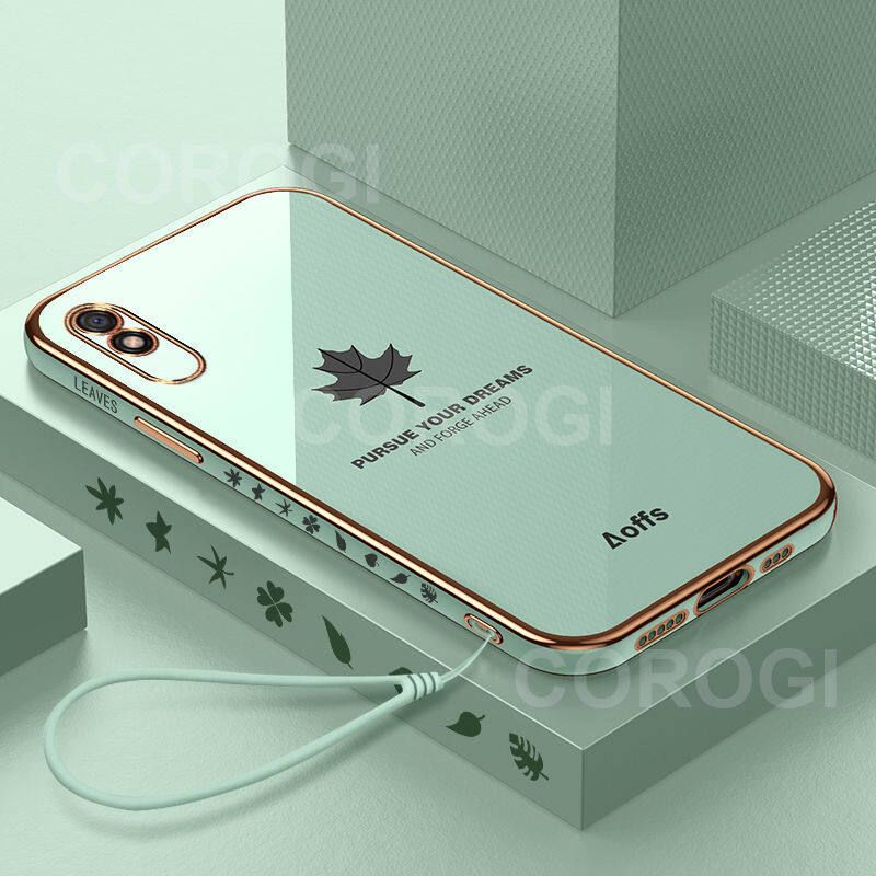 For Xiaomi Redmi 9A Cover + Wrist Strap Fashion Shiny Maple leaf Plating Square Bumper Phone Case Soft TPU Silicone Shockproof Protective Back Cover