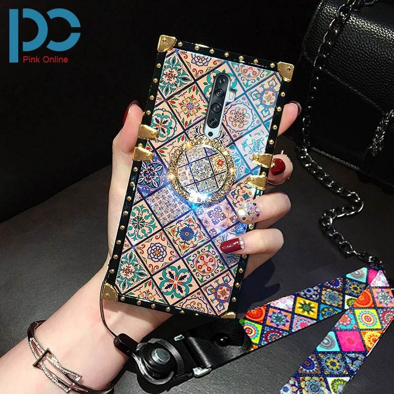 Retro square phone case for OPPO Reno 2 F / Reno 2 Z fashion celebrity wind pattern + ring bracket TPU phone back case