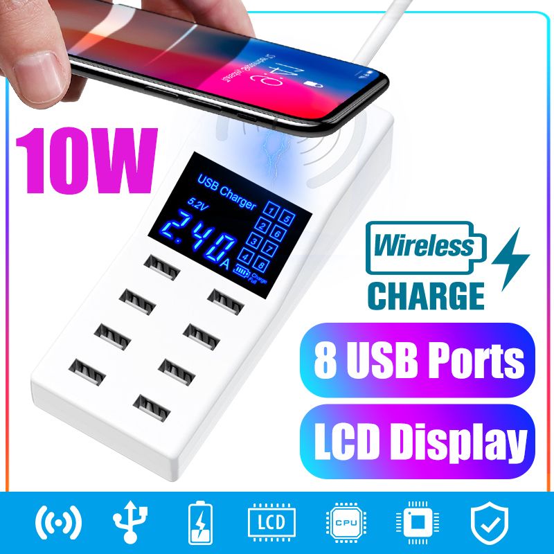 Spare parts 【Tool Home】7.5W/10W Wireless Charger Smart LED Display 8 USB Port Desktop Fast Charger