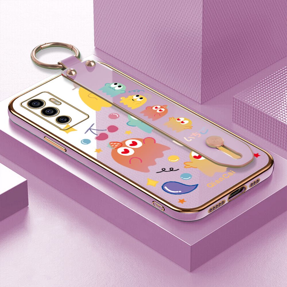 Jizetin for Vivo V23E / V23E 5G Back Cover Bean Monster Luxury 6D Plating Wrist Strap Phone Cases Soft Silicone Square Mobile Phone Case