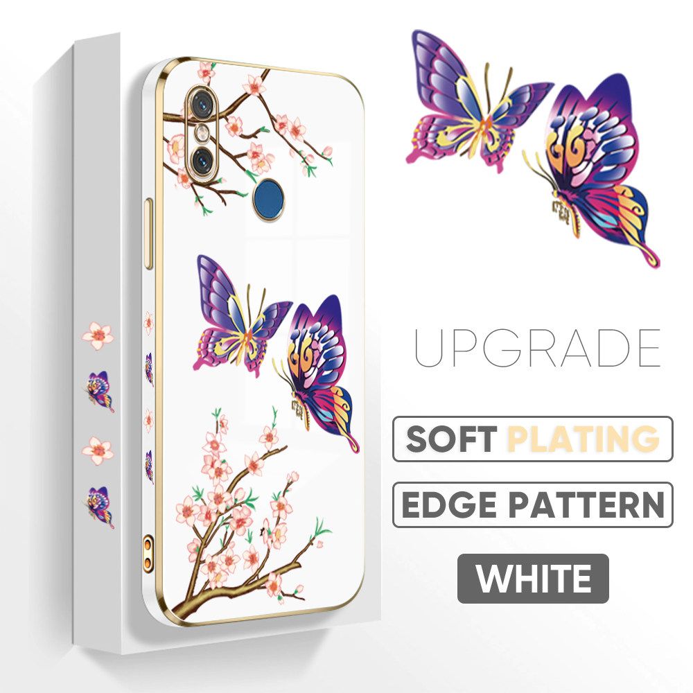 Jizetin (Free Lanyard) Xiaomi 8 Back Cover Peach Blossom and Butterfly Luxury 6D Plating Case Side Pattern Soft Silicone Square Mobile Phone Cases