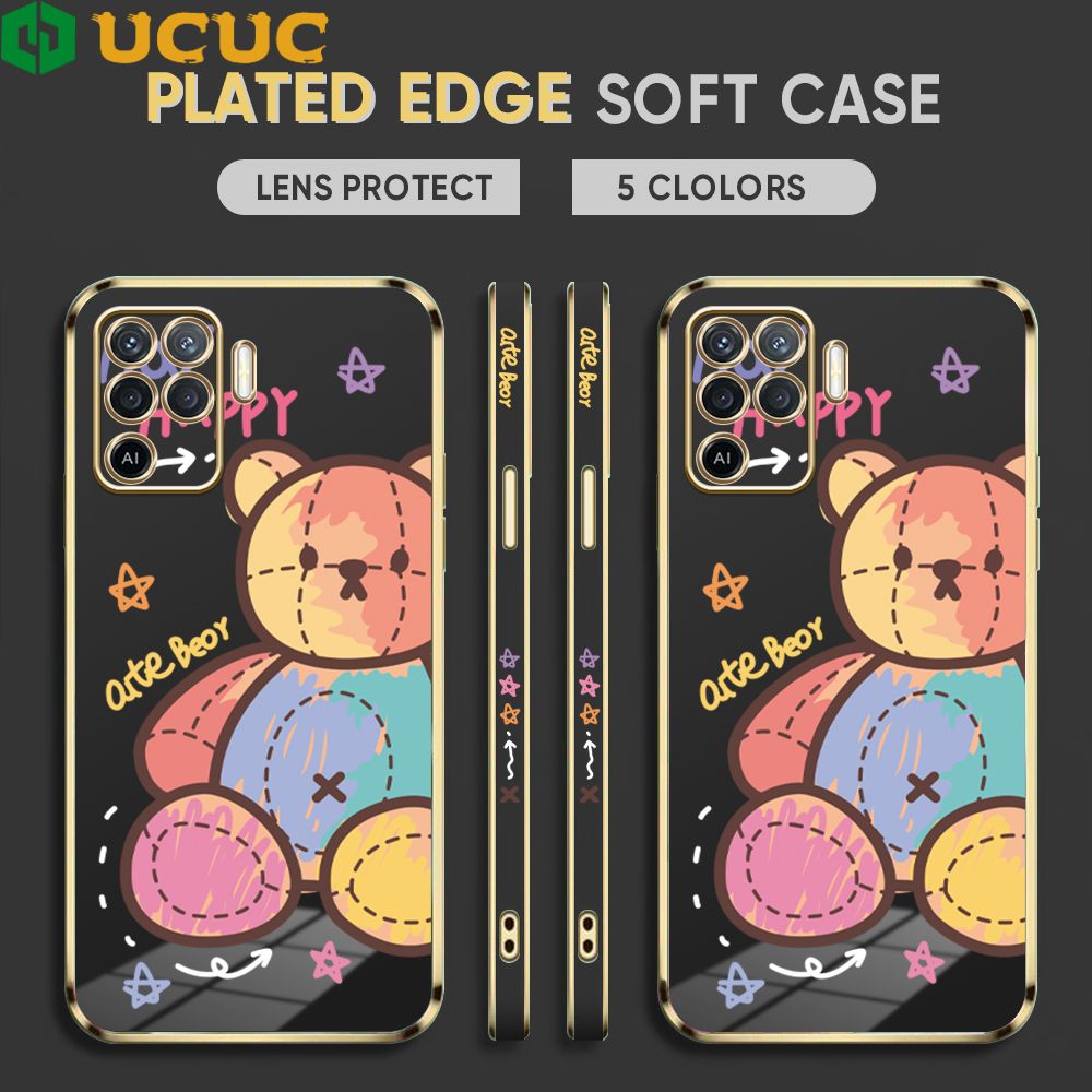 UCUC for OPPO F19 Pro / A94 4G / Reno 5 Lite / Reno5 F Back Cover + Free Lanyard Colorful Muppet Bear Luxury 6D Plating Case Side Pattern Soft Silicone Square Phone Cases
