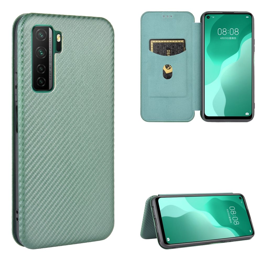 (Ready Stock)For Huawei nova 7 SE / P40 Lite 5G Carbon Fiber Texture Magnetic Horizontal Flip TPU + PC + PU Leather Case with Card Slot(Green)
