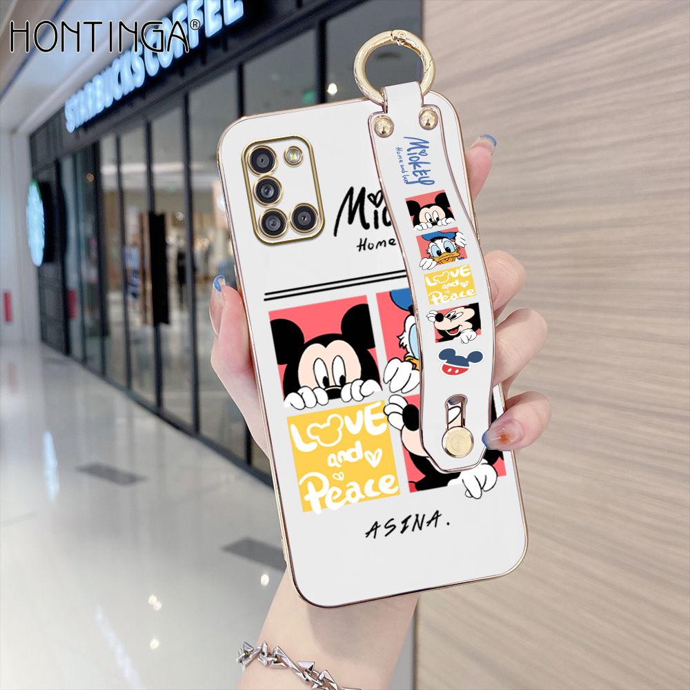 Hontinga for Samsung Galaxy A31 Back Cover With Wristband Luxury 6D Plating Cartoon Case Soft Silicone Square Phone Cases