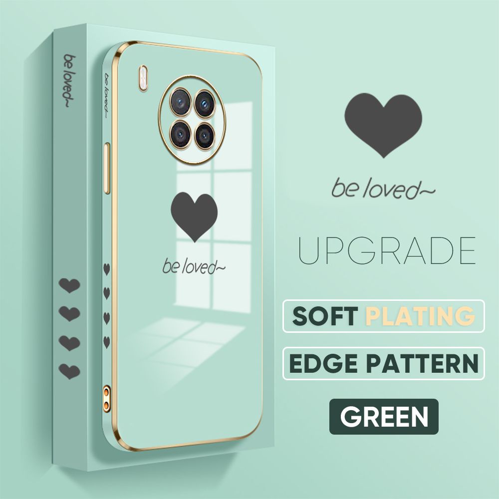 Jizetin (Free Lanyard) Honor 50 Lite / Huawei Nova 8i Back Cover Back Cover Heart loved Luxury 6D Plating Case Side Pattern Soft Silicone Square Phone Cases