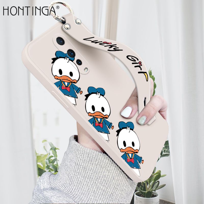 Hontinga for OPPO R17 Pro Wrist Strap Case Cute Cartoon Little Duck Phone Case Square Edge Liquid Silicone Case Full Cover Camera Shockproof Protective Cases