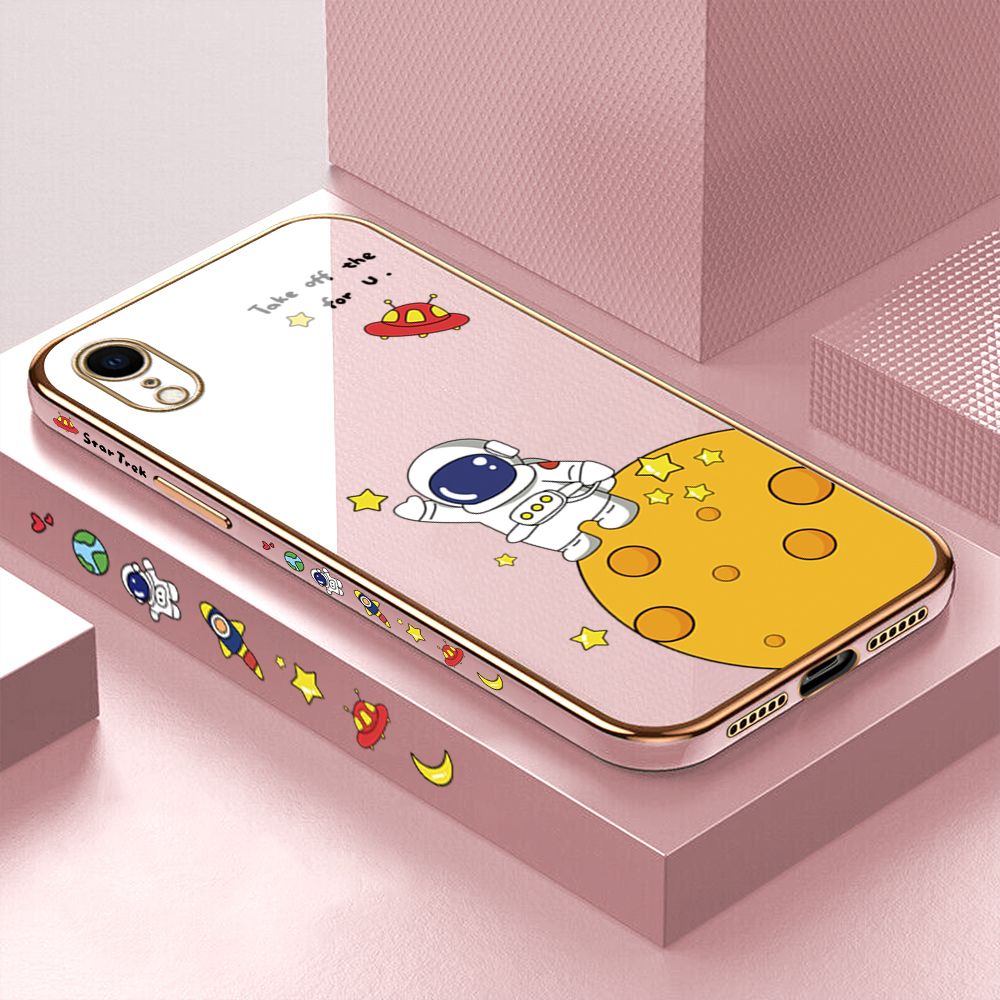 Luxury 6D Plating Case for iPhone XR Cute Cartoon Happy Astronaut Side Pattern Back Cover Soft Silicone Square Frame Shiny Bling Phone Cases + Free Lanyard