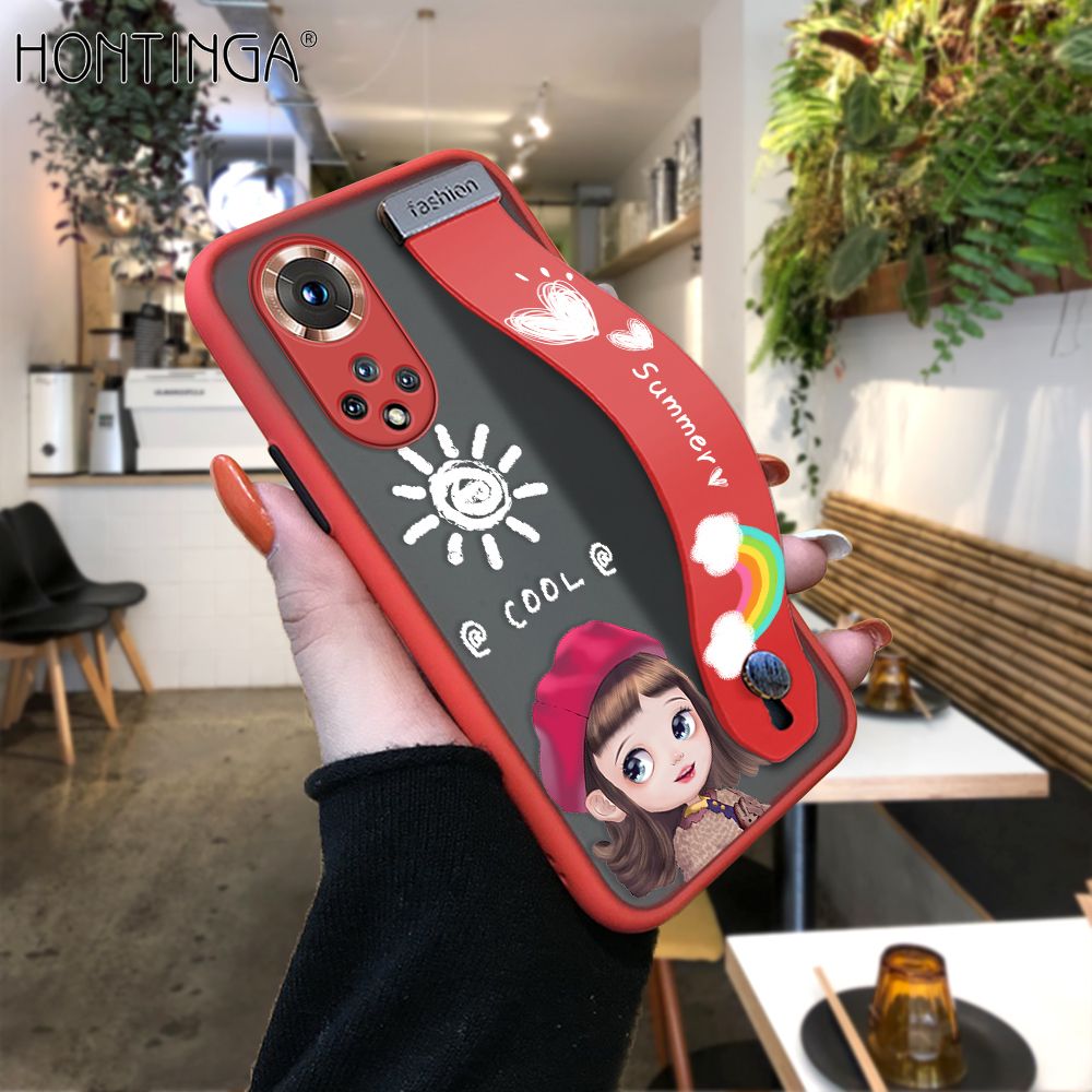 Hontinga for Honor 50 Back Cover With Wristband Cute Red Hood Girl Phone Casee Full Lens Protection Thin Frosted Cases