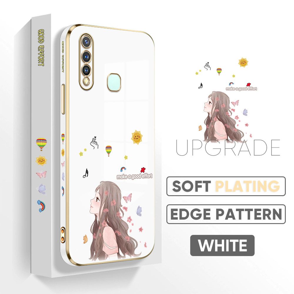 TA for Vivo Y19 Back Cover + Free Lanyard Charming Girl Luxury 6D Plating Case Side Pattern Soft Silicone Square Phone Cases