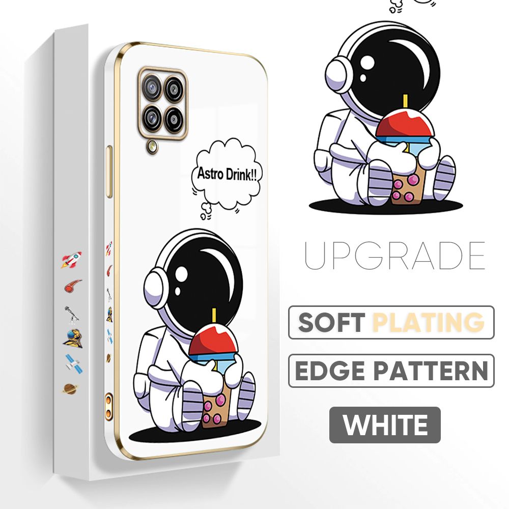 Jizetin (Free Lanyard) Samsung A42 5G Cover Drink Astronaut Luxury 6D Plating Soft Casing Silicone Square Frame Phone Case Shiny Bling Back Cover