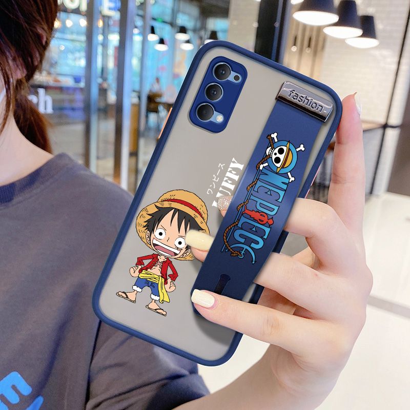 UCUC for OPPO Reno4 Wrist Strap Case Anime One Piece Luffy Wristband Printing Cover Shockproof Frosted Phone Case
