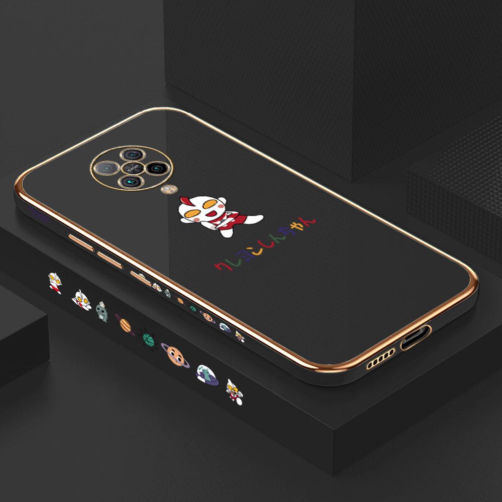Luxury 6D Plating Case for Xiaomi Poco F2 Pro Cute Cartoon Side Pattern Back Cover Soft Silicone Square Frame Shiny Bling Phone Cases + Free Lanyard