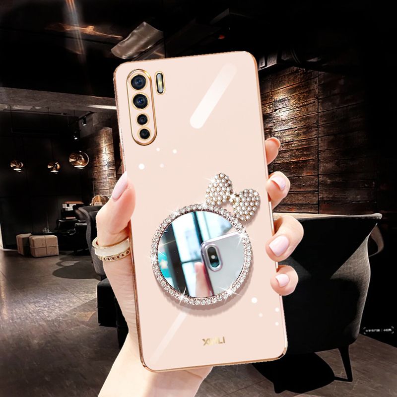 For OPPO Reno3 / OPPO Reno 3 Back Cover + Bowknot Makeup Mirror Fashion Shiny Plating Square Bumper Bling Girls Phone Case Soft TPU Silicone Shockproof Back Cover