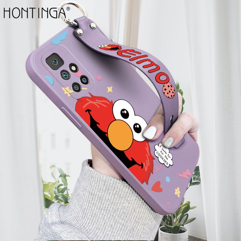Hontinga for Xiaomi Redmi 10 Wrist Strap Case Cute Cute Cartoon Little Monster Phone Cover Square Edge Liquid Silicone Case Full Cover Camera Shockproof Protective Cases