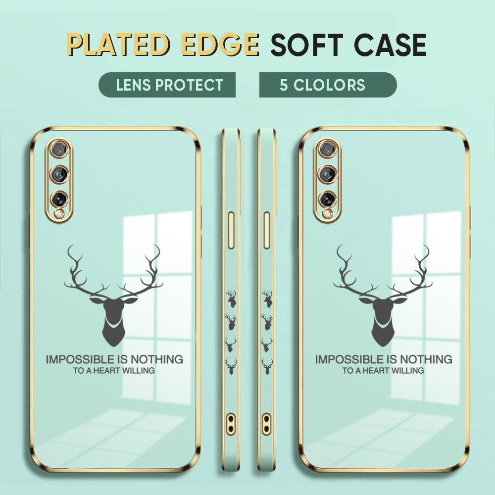 Luxury 6D Plating Case for Huawei Y7 Pro 2019 Phone Cases Lucky Alphabet Deer Side Print Soft Silicone Square Back Cover