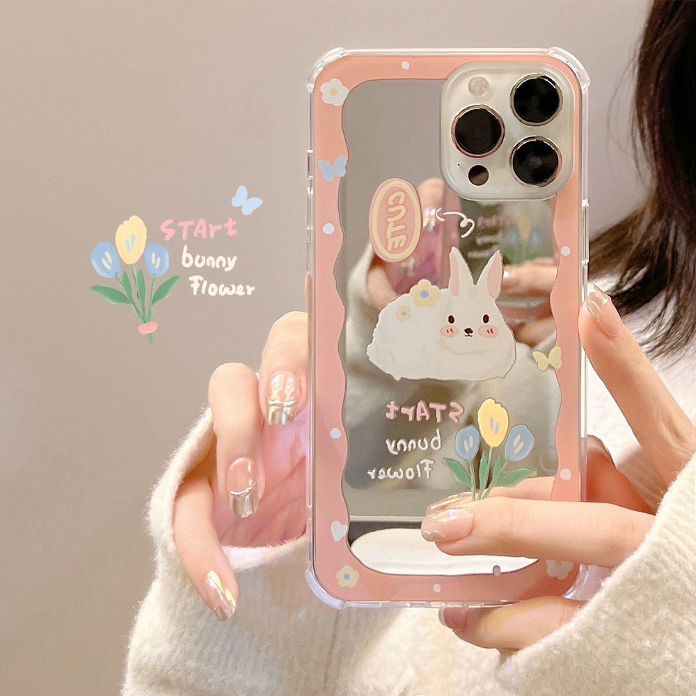 Mirror Style Rabbit Cute Pattern Soft Silicone Cover Mobile Phone Protective Case