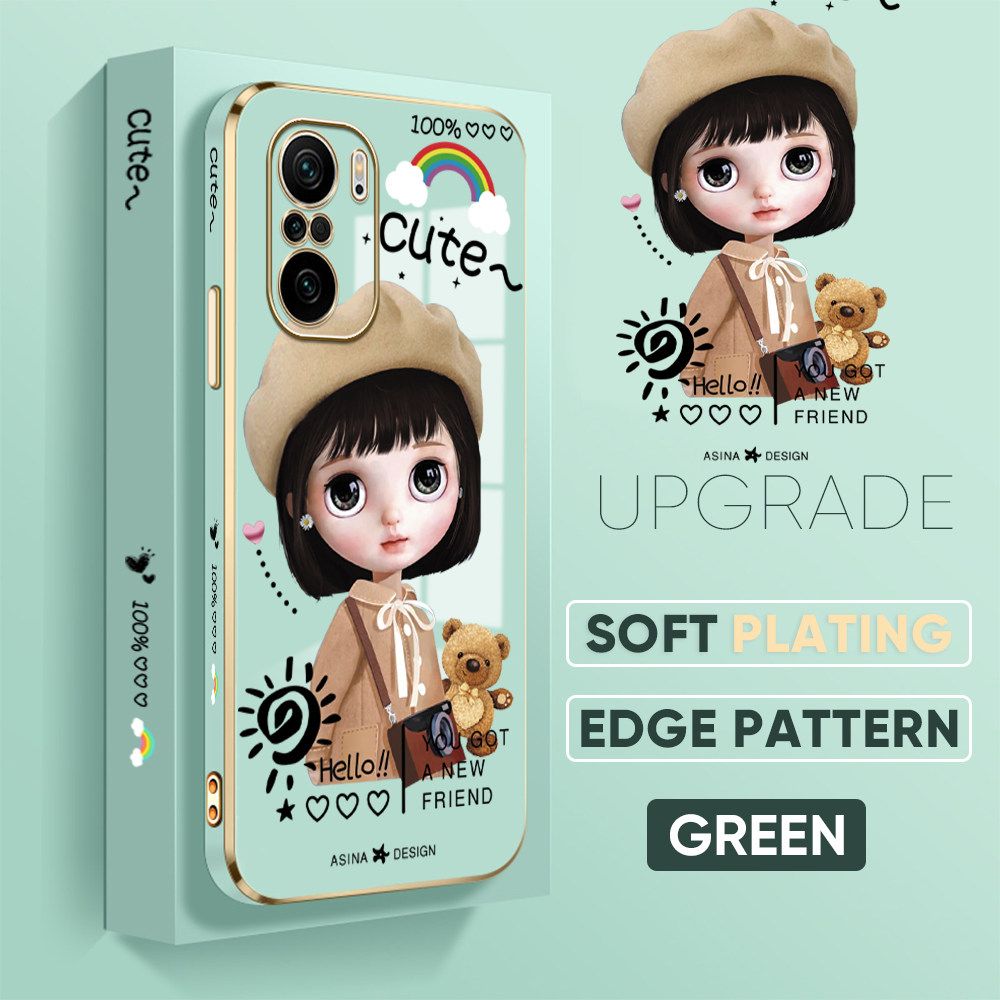 Jizetin (Free Lanyard) Xiaomi Poco F3 / Redmi K40 / K40 Pro Case Luxury 6D Plating Soft Casing Silicone Square Frame Phone Case Shiny Bling Back Cover Cute Sunshine Girl New design Side Drawing Case