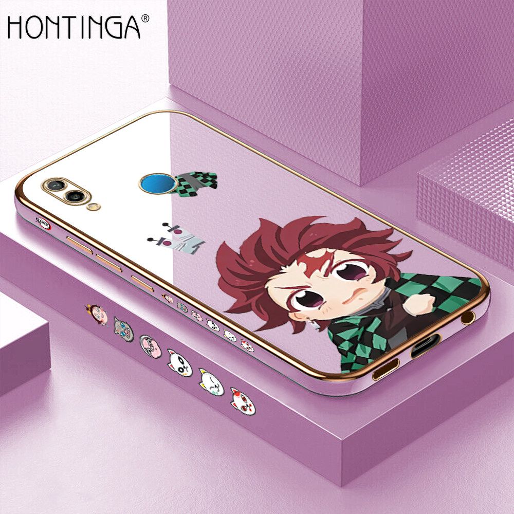 Hontinga for Huawei Nova 3E Case Luxury 6D Plating Soft Casing Silicone Square Frame Phone Cover Shiny Bling Side Print Cartoon Anime Tanjirou Cases