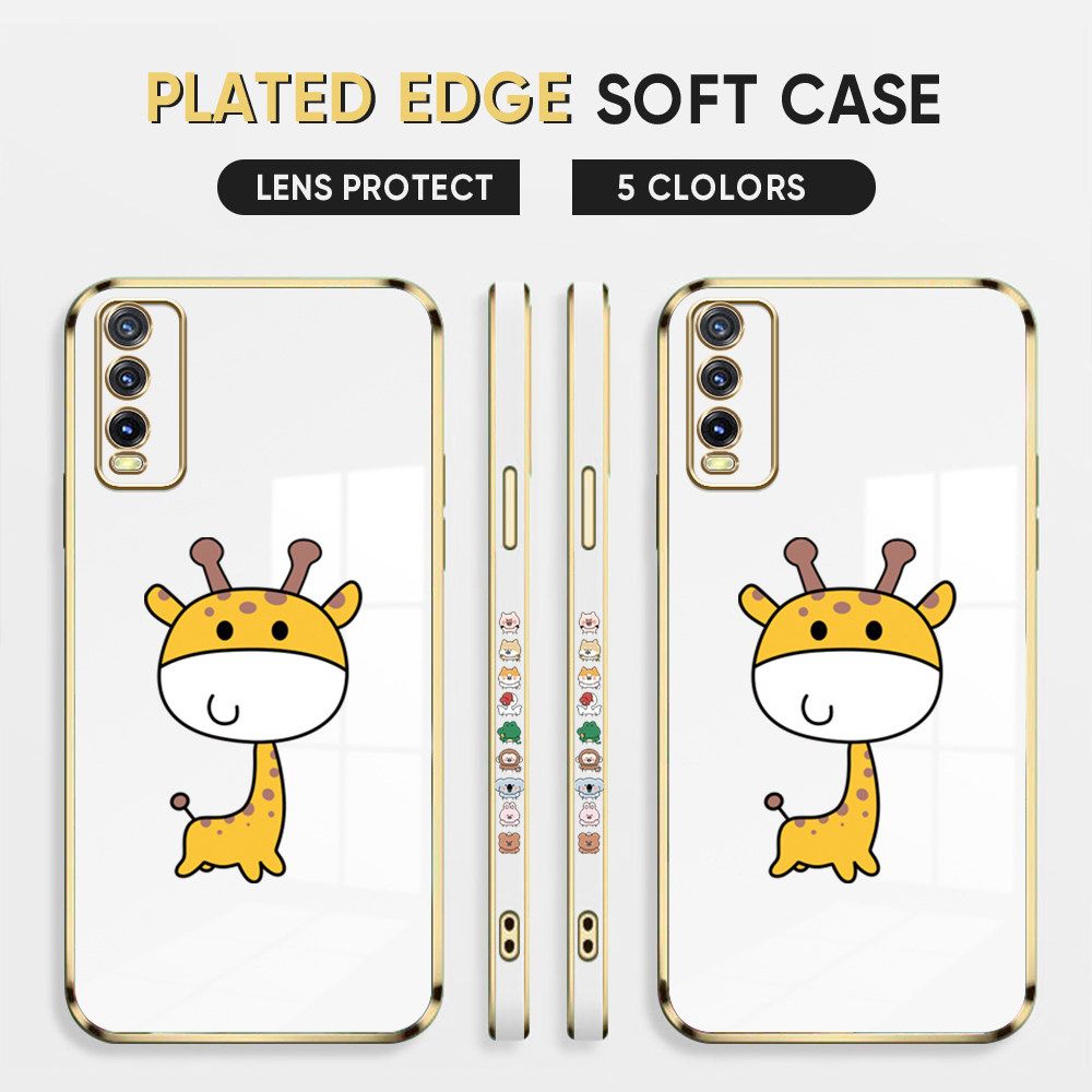 Luxury 6D Plating Case for Vivo Y20 Phone Cases Cartoon Cute Giraffe Side Print Soft Silicone Square Back Cover