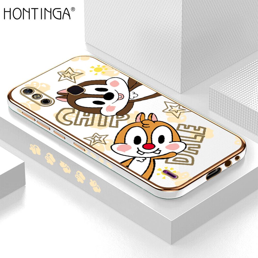 Hontinga for Infinix Smart 4 Back Cover + Free Lanyard Luxury 6D Plating Cute Cartoon Rat Side Pattern Case Soft Silicone Square Phone Cases