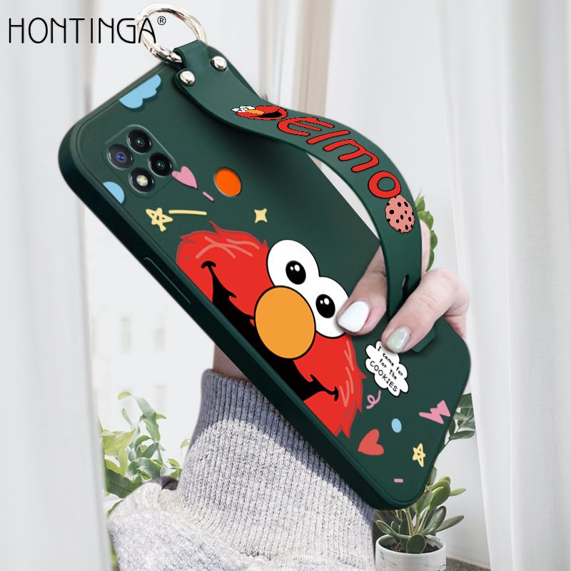 Hontinga for Redmi 9C / Redmi 10A Wrist Strap Case Cute Cute Cartoon Little Monster Phone Cover Square Edge Liquid Silicone Case Full Cover Camera Shockproof Protective Cases