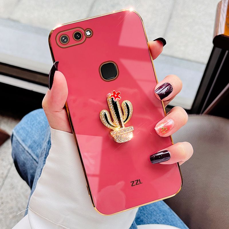 For OPPO A5s Cover Fashion Rhinestone 3D Cactus Shiny Plating Square Bumper Phone Case Soft Silicone Shockproof Protective Back Cover
