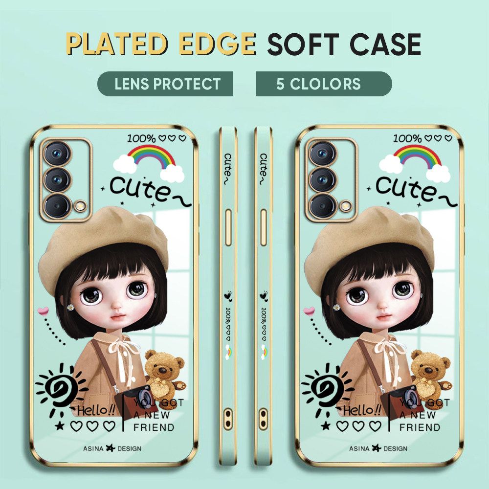 Luxury 6D Plating Case for OPPO Reno5 5G Phone Cases Satchel Girl Side Print Soft Silicone Square Back Cover