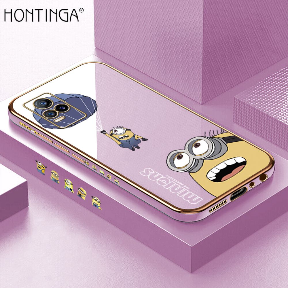 Hontinga for Vivo V21E/Y73 2021 Back Cover + Free Lanyard Luxury 6D Plating Yellow Cartoon Character Pattern Case Soft Silicone Square Phone Cases